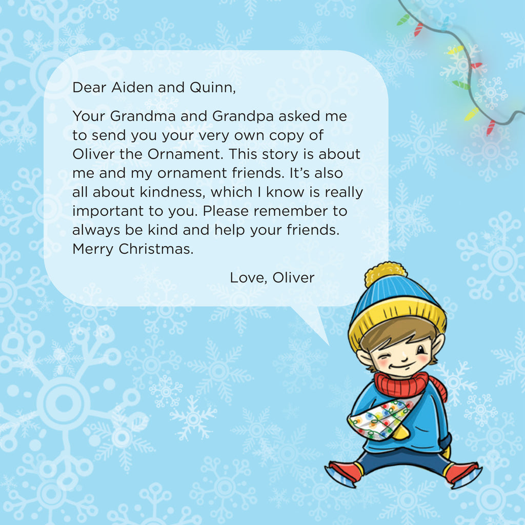 Sample personalization page to appear within your own hard-bound copy of Oliver the Ornament